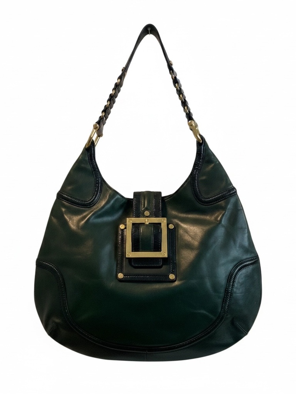 Tory Burch Vintage Dark Green Leather Shoulder Bag with Gold Buckle